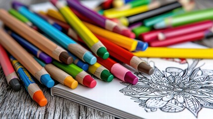 Naklejka premium Colorful Art Supplies and Detailed Coloring Page on Wooden Background