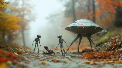 Mysterious alien encounter in a foggy autumn forest with a spaceship and extraterrestrial beings