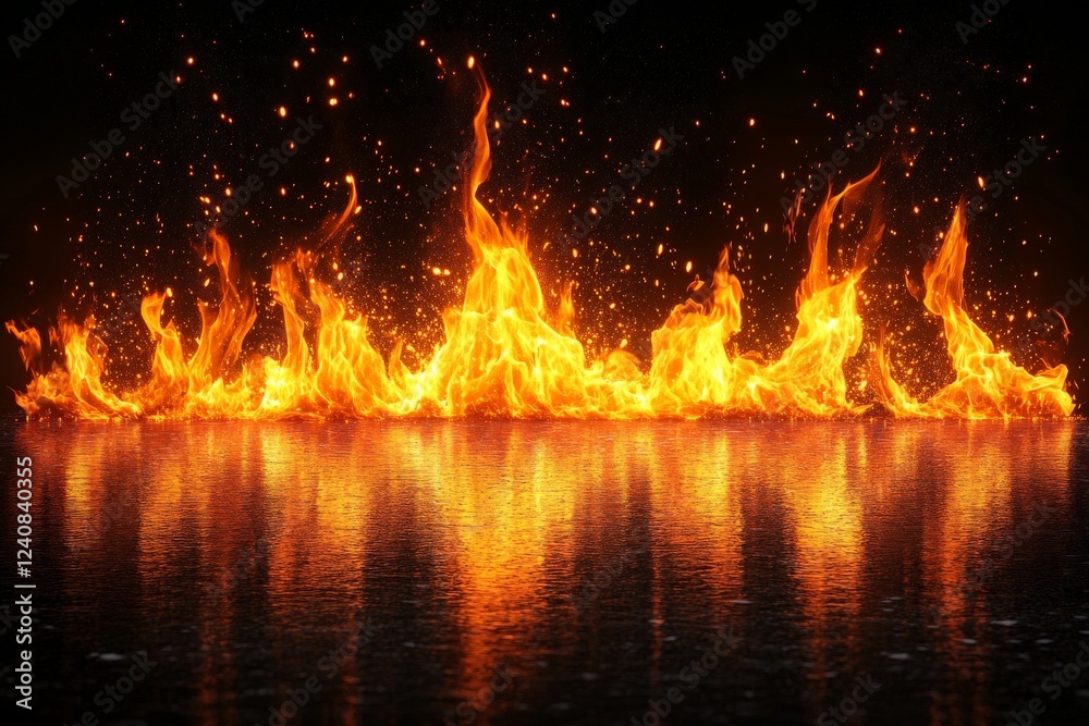 Aufkleber Vibrant flames dance above a reflective surface creating a stunning visual display of fire and light at night