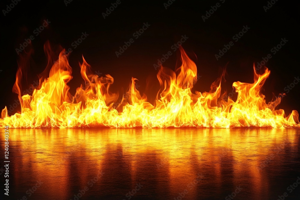 Poster bright flames rise from a reflective surface, creating an intense and dramatic atmosphere in a dark 