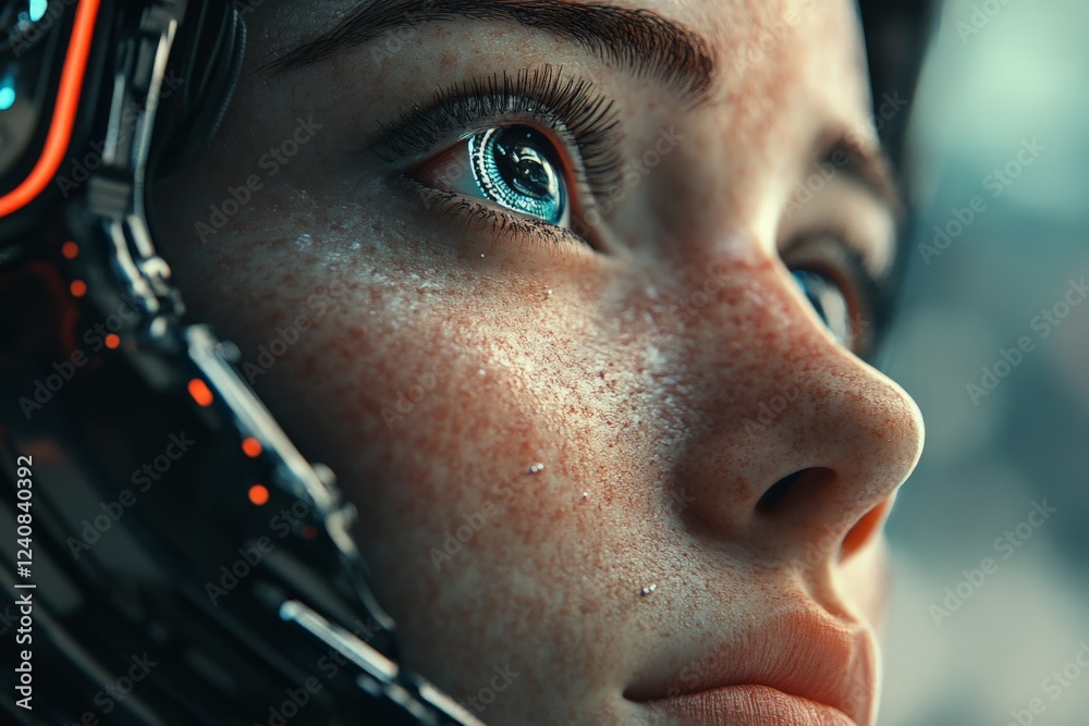 Poster Close-up of a futuristic character displaying intricate details and expressive eyes in a sci-fi setting