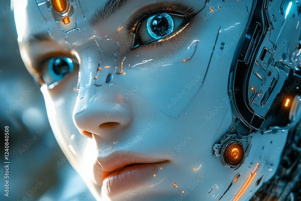 Aufkleber futuristic robot close-up showcases intricate details and expressive design in a vibrant, high-tech 