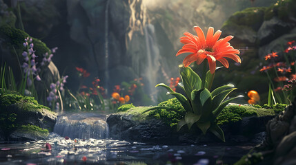 Vibrant orange flower blooming beside a tranquil waterfall in a lush, enchanted forest