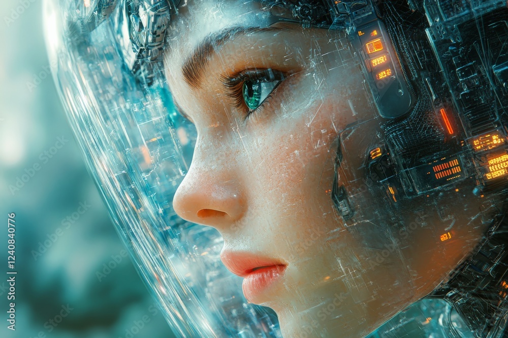 Aufkleber futuristic portrait of a woman with cybernetic enhancements in a high-tech environment