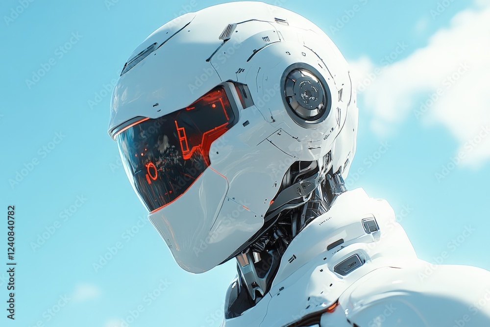 Poster high-tech humanoid robot with sleek design stands against the sky, showcasing futuristic technology 