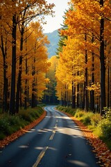 Obraz premium Road winding through golden forest with changing leaves, foliage, greenery,