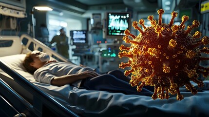 Detailed 3D Rendering of HMPV Virus in Critical Care Hospital Setting