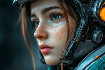 Young female astronaut in futuristic gear explores unknown worlds with curiosity and determination