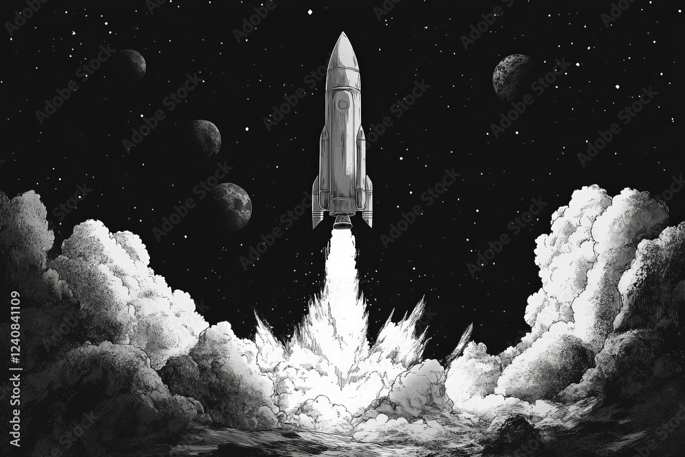 Poster Rocket launch in outer space surrounded by planets and clouds at night sky