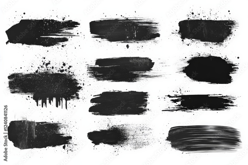 Poster black paint strokes and textures arranged in a creative layout ideal for artistic designs and backgr