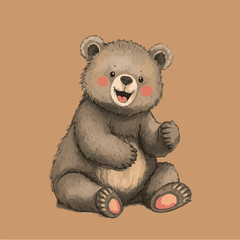 A cute bear is sitting on a light brown background, smiling with rosy cheeks and a playful expression.