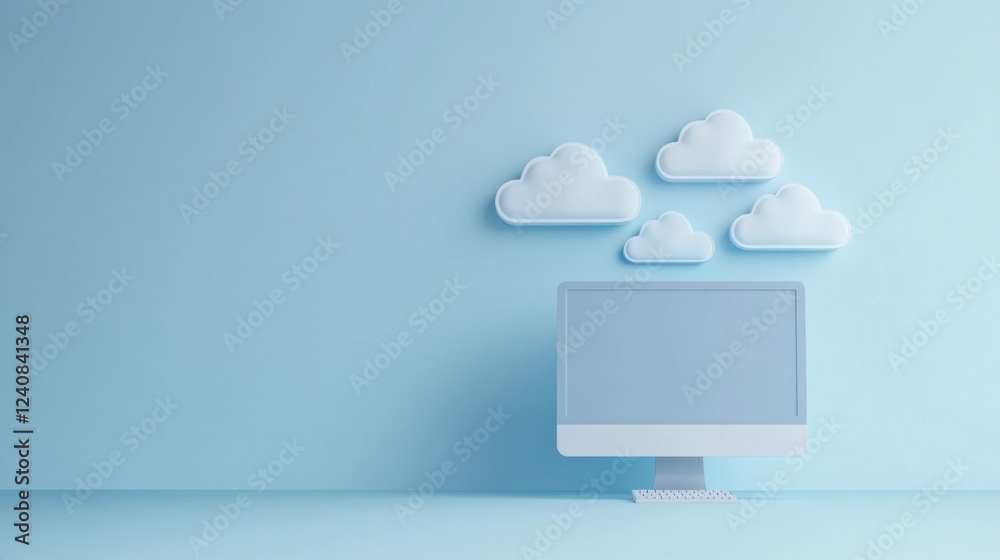 Fototapete minimalist illustration of a desktop computer with cloud icons on a soft blue background, perfect fo