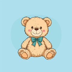 A cute, fluffy teddy bear with a light brown coat and a cheerful expression sits against a pastel blue background. It has rosy cheeks, bright eyes, and a charming green bow around its neck.