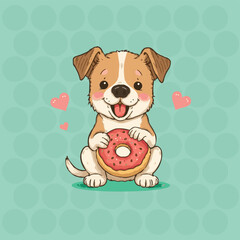A cute cartoon-style puppy with brown and white fur is sitting on a green background, holding a pink-frosted donut with sprinkles.