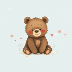 A cute brown teddy bear with rosy cheeks sits on a soft pastel background. Small pink hearts float around, adding a touch of sweetness.