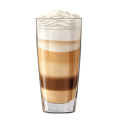 Coffee drink with layers of milk and cream in a clear glass, perfect for a cozy afternoon or warm brunch setting