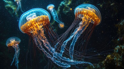 Naklejka premium Two luminous jellyfish gracefully swim in dark ocean depths