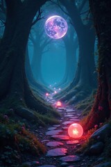 Obraz premium mysterious glowing orbs illuminate a labyrinthine path, ethereal, seductive, magical