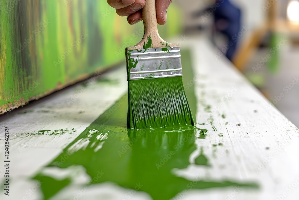 Poster Fresh green paint is applied with a brush on a wooden surface in a workshop setting during daylight hours
