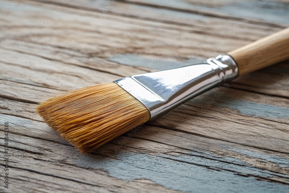 Poster detailed view of a paintbrush resting on a weathered wooden surface during an arts and crafts projec