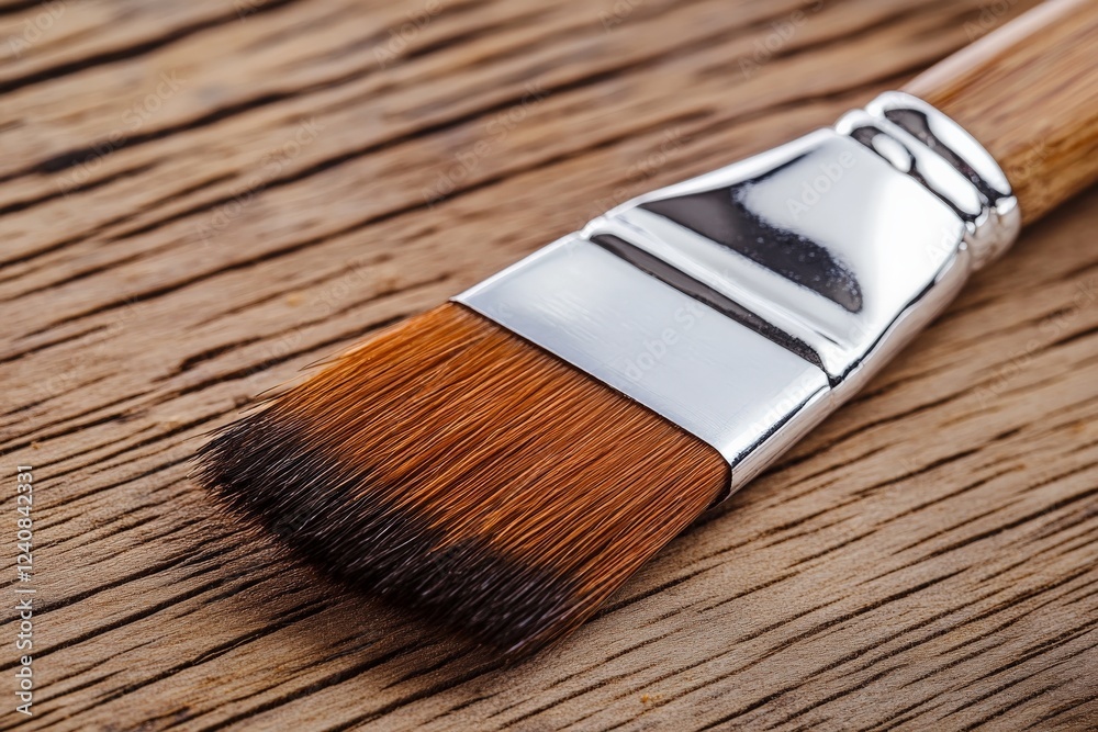 Aufkleber quality paintbrush resting on rustic wooden surface showcases fine bristles used for art and craftsm