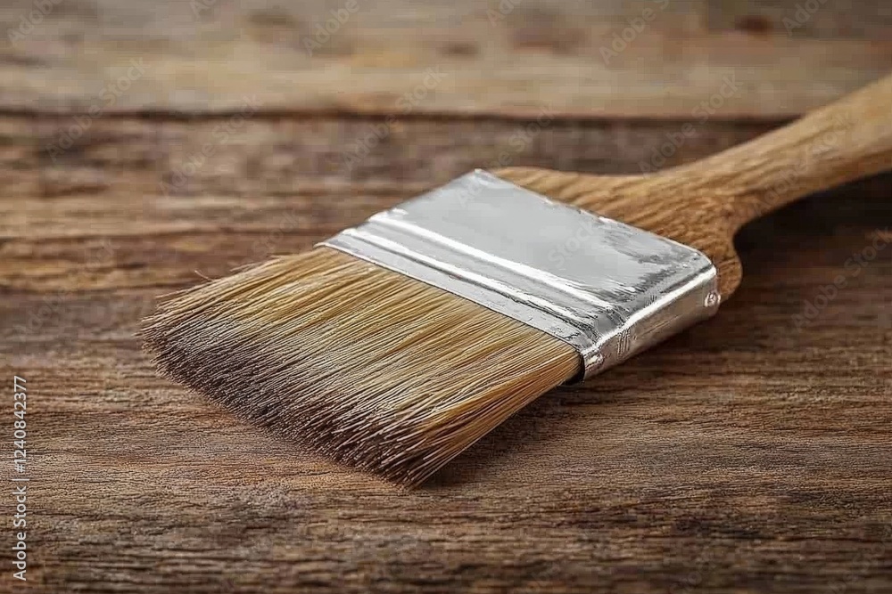Aufkleber brush resting on weathered wooden surface after completing a paint project in a cozy workshop