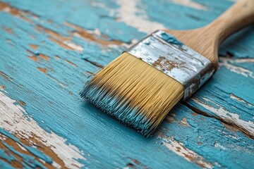 Brush with teal bristles rests on weathered blue wooden surface revealing textures and details of paint and grain