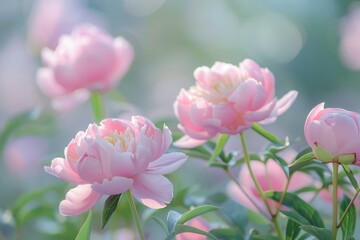 Fototapeta premium Beautiful pink peonies blooming in a garden, illuminated by gentle sunlight