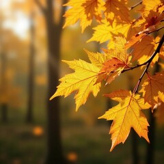 Golden hues of autumn leaves scattered on a bare branch, golden, foliage