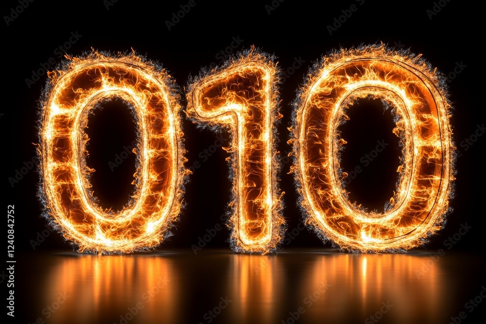 Poster Brightly lit numbers zero one zero glowing in fiery sparks against a dark background
