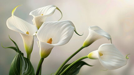 Elegant arrangement of white calla lilies in soft natural light, creating a serene atmosphere