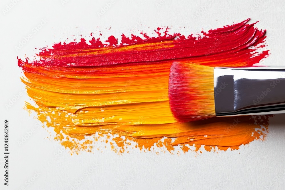 Leinwandbilder vivid brush strokes create a warm gradient of red and yellow paint on canvas in a creative workspace