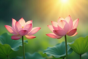 Obraz premium Soft peach and gold lotus flowers in a gentle morning mist, soft peach, morning