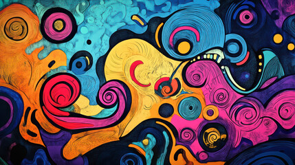 vibrant abstract artwork featuring playful doodle shapes in bright colors, creating inviting and energetic atmosphere. swirling patterns and bold hues evoke sense of joy and creativity
