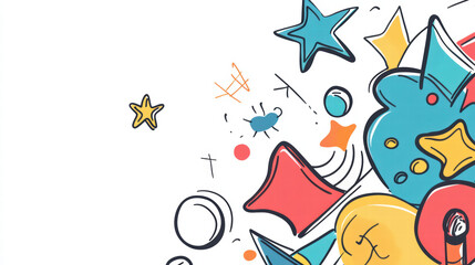 vibrant mix of doodle shapes and colors, featuring stars, circles, and abstract forms, creating playful and energetic design
