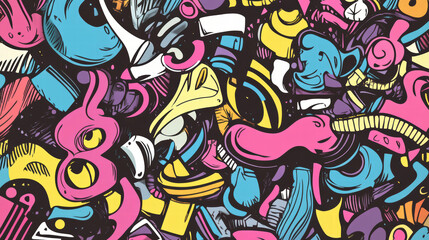 Fototapeta premium Bright and playful mix of doodle shapes in vibrant colors, creating inviting and energetic atmosphere. design features variety of abstract forms and patterns