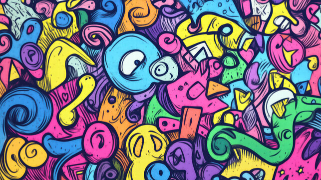 Bright and colorful doodle shapes create playful and inviting atmosphere, filled with whimsical designs and vibrant hues that spark joy and creativity