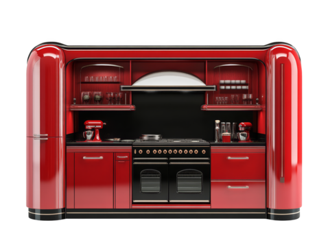 Vibrant red kitchen interior design with modern stove and oven red