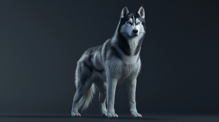realistic Siberian husky standing confidently against dark background, showcasing its striking features and thick fur. This majestic breed is known for its endurance and friendly nature