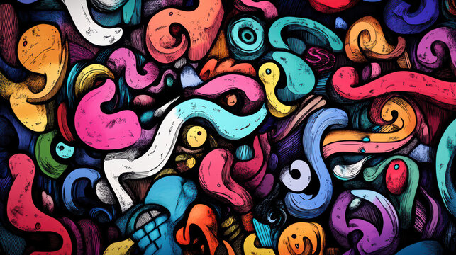 vibrant mix of colorful doodle shapes creates playful and dynamic abstract design, filled with swirling patterns and energetic hues that evoke creativity and joy