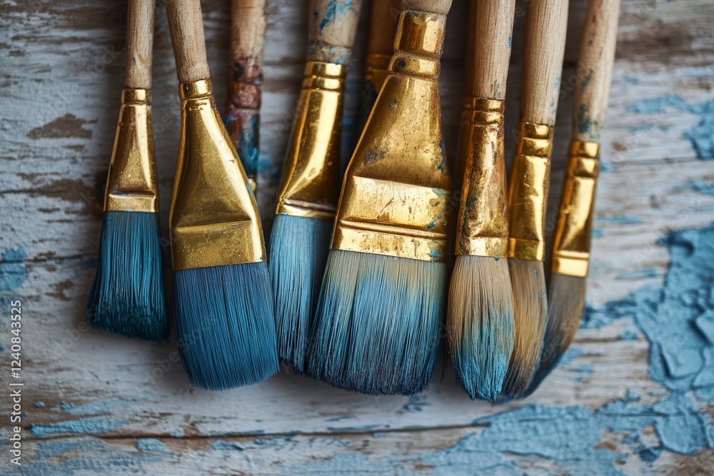 Poster collection of paintbrushes resting on a weathered wood surface in soft natural light