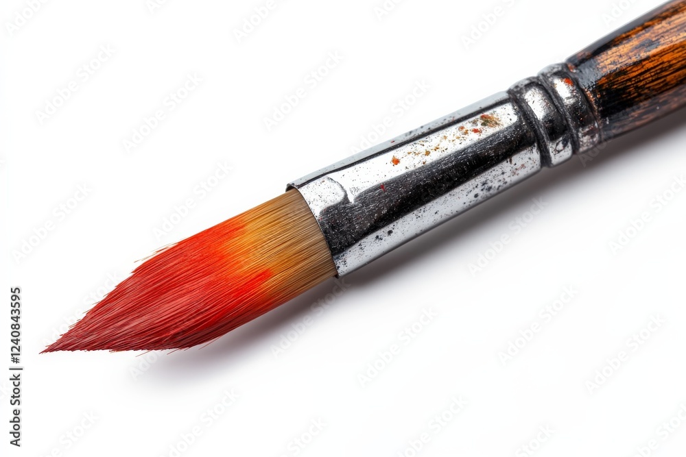 Poster close-up view of a paintbrush with vibrant red bristles resting against a white background