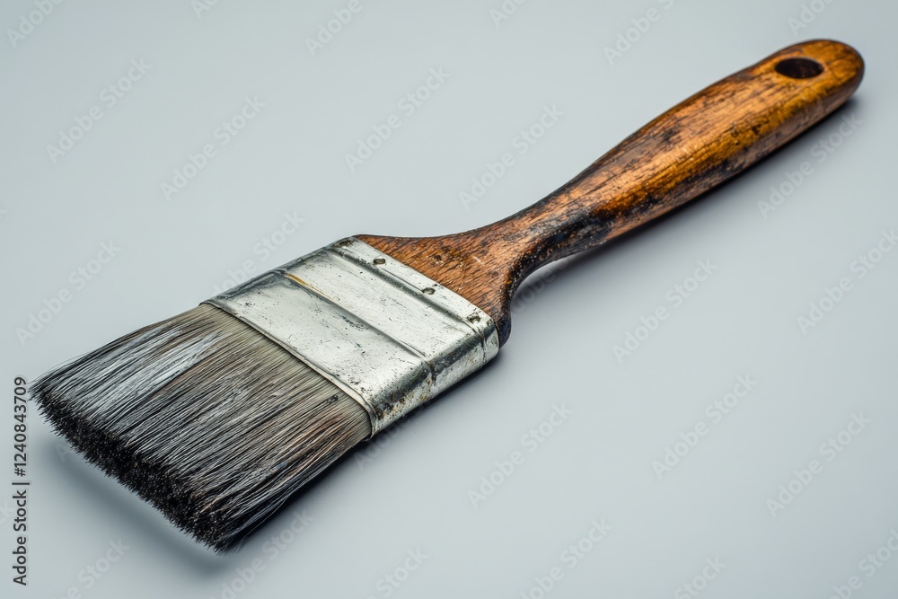Poster detailed view of a paintbrush with a wooden handle and thick bristles on a gray background