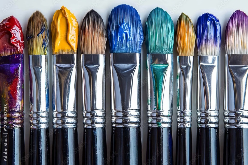 Poster vibrant paintbrushes with colorful paint arranged neatly on a clean surface for an artistic project