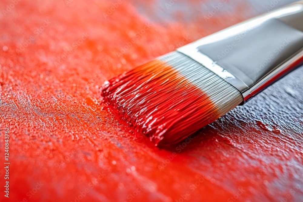 Poster brush covered in red paint rests on an artist's canvas in a creative workspace filled with vibrant c