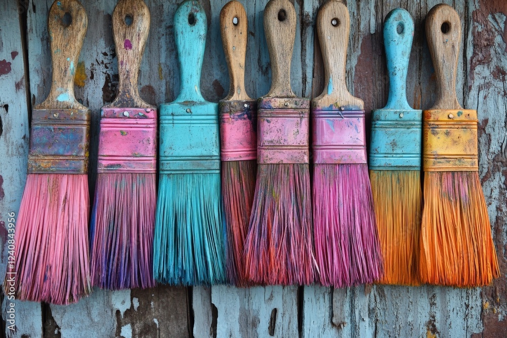 Poster Collection of vibrant paintbrushes arranged in a colorful gradient display against a weathered wooden background