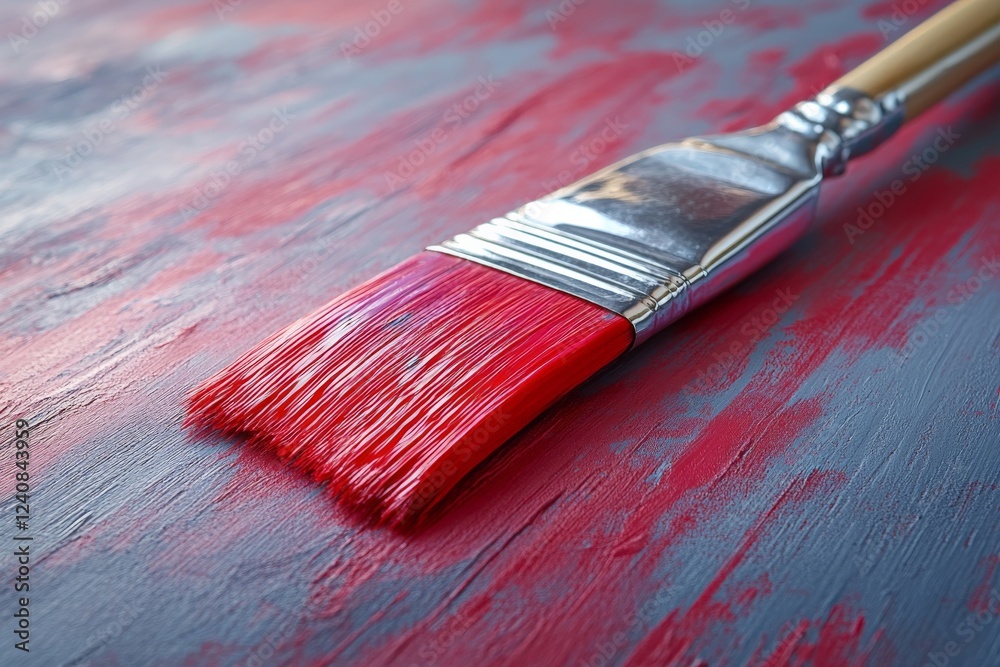 Poster bright red paintbrush resting on a textured surface with red and gray hues in an art studio workspac