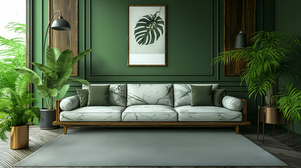 Elegant Green Living Room Modern Sofa and Marble, Cozy Plant Decor for Stylish Homes.