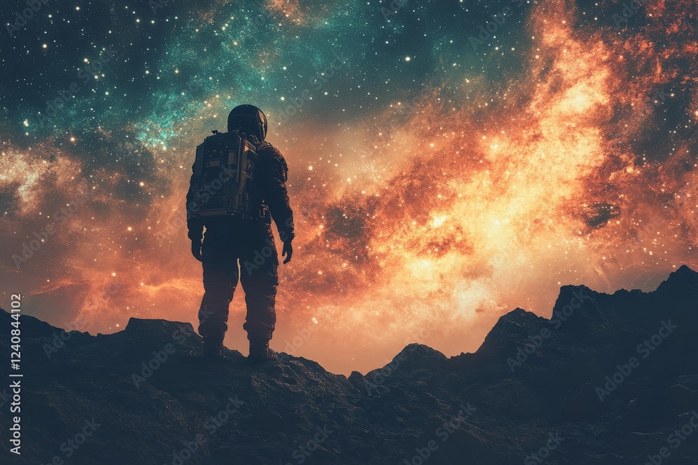 Poster astronaut explores the breathtaking vastness of space against a backdrop of vibrant colors and dista