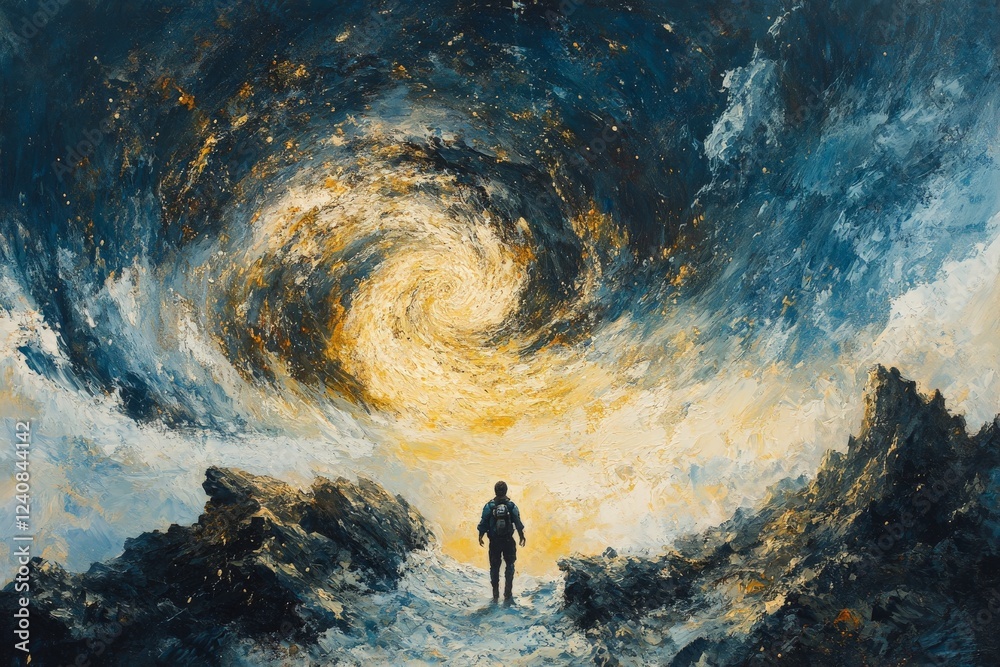 Poster cosmic journey of a solitary figure exploring a swirling vortex at twilight